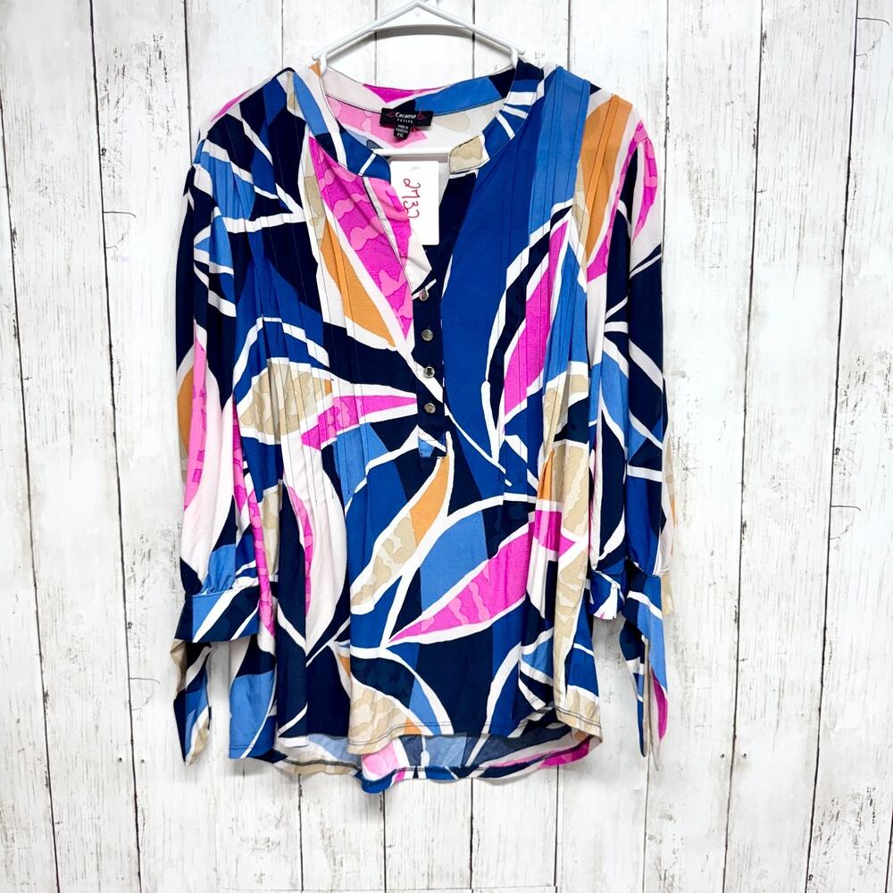 Cocomo Petite Shirt Women Size PXL Abstract Button V-Neck 3/4 Tie Sleeve Blouse
